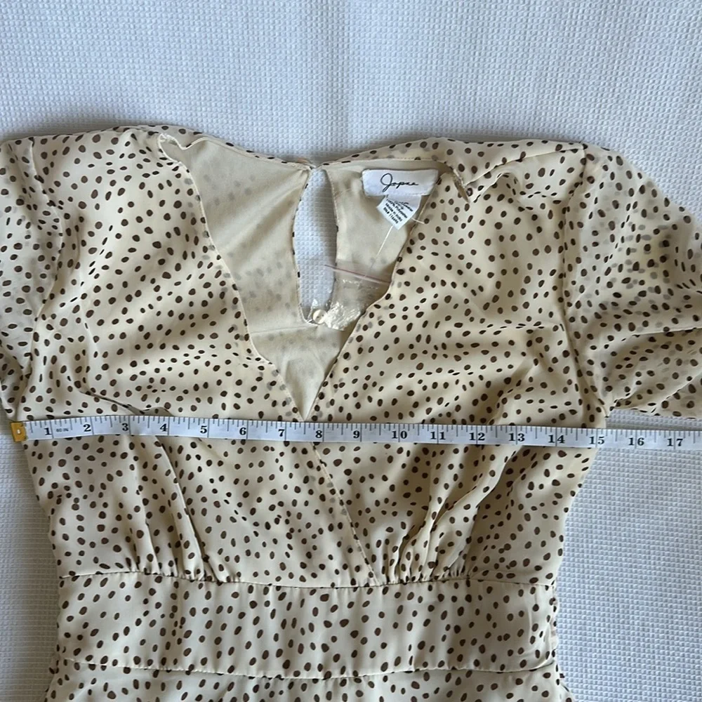 Japna Long Sleeve V-neck Polka Dot Frilly Tan &Brown Dress Size XS Tie back